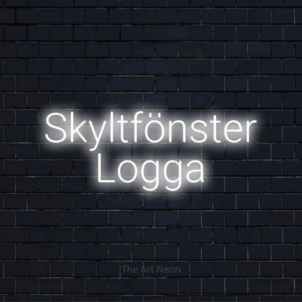 Personlig neonskylt med texten “Skyltfönster Logga” på en svart tegelvägg