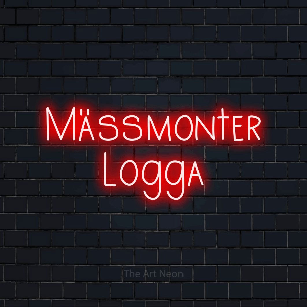 Personlig neonskylt med texten “Mässmonter Logga” på en svart tegelvägg