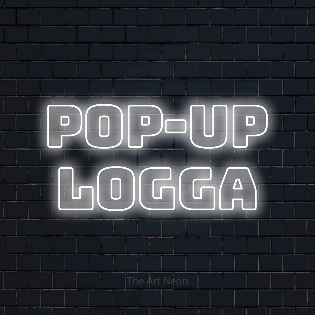 Personlig neonskylt med texten “Pop-up Logga” på en svart tegelvägg