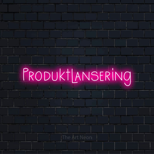 Personlig neonskylt med texten “Produktlansering” på en svart tegelvägg