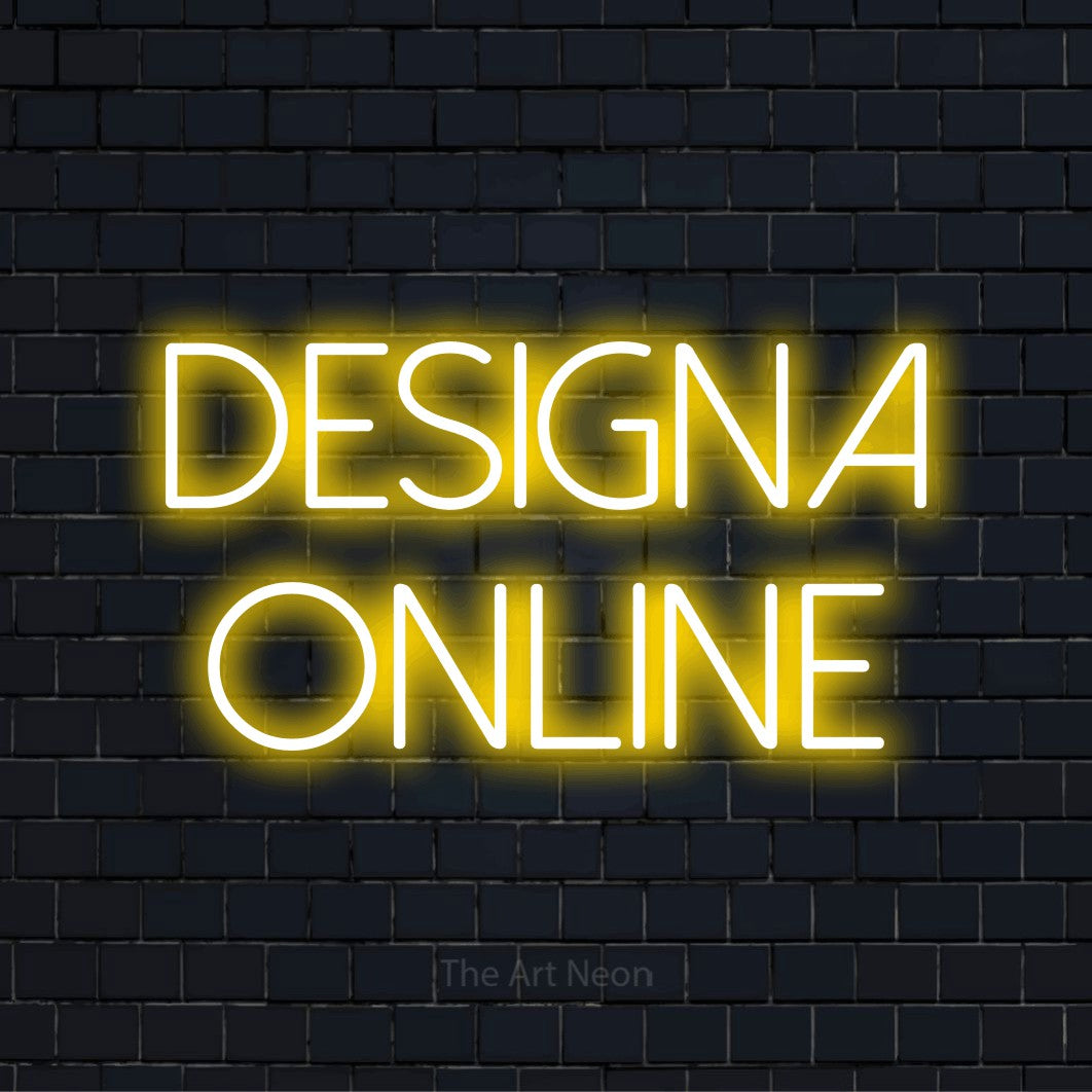 Personlig neonskylt med texten “Designa Online” på en svart tegelvägg