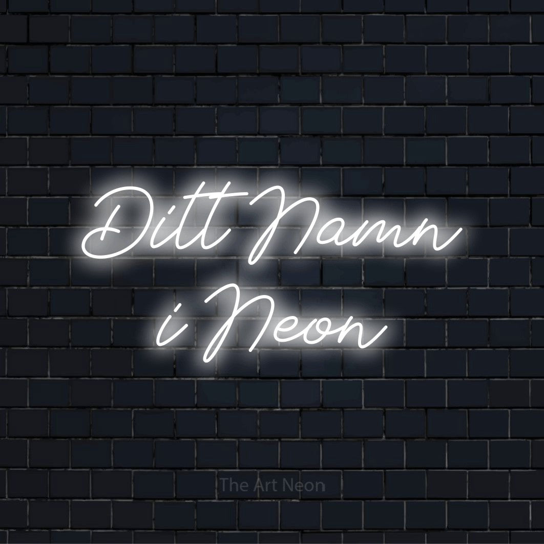 Personlig neonskylt med texten “Ditt Namn i Neon” på en svart tegelvägg