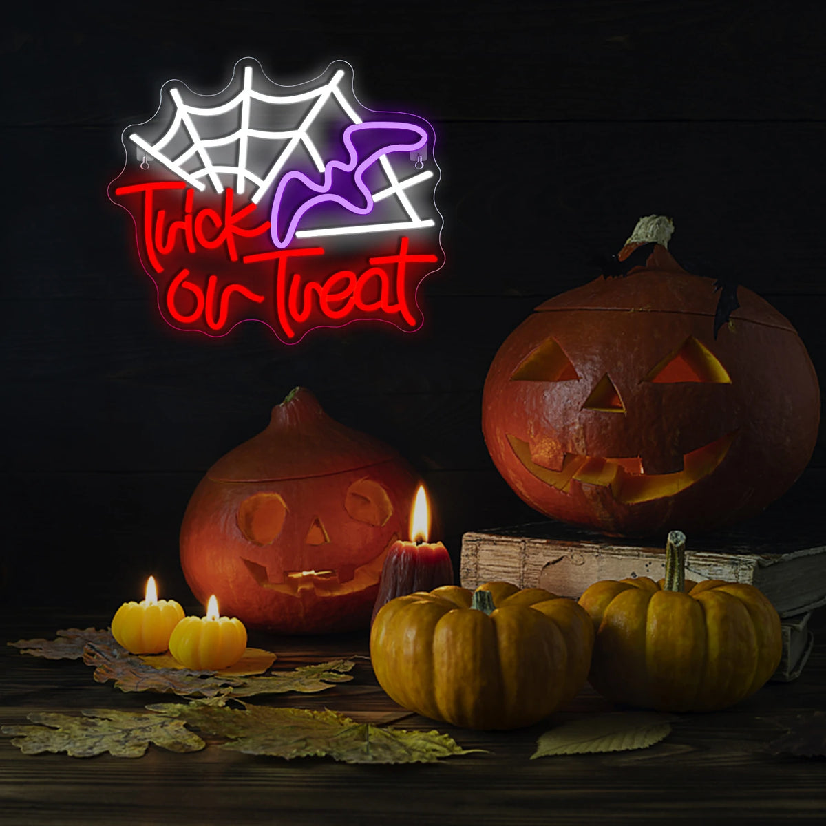 Trick or Treat – Hämähäkinseitti ja noidanhattu – LED-neonkyltti (5 V USB)
