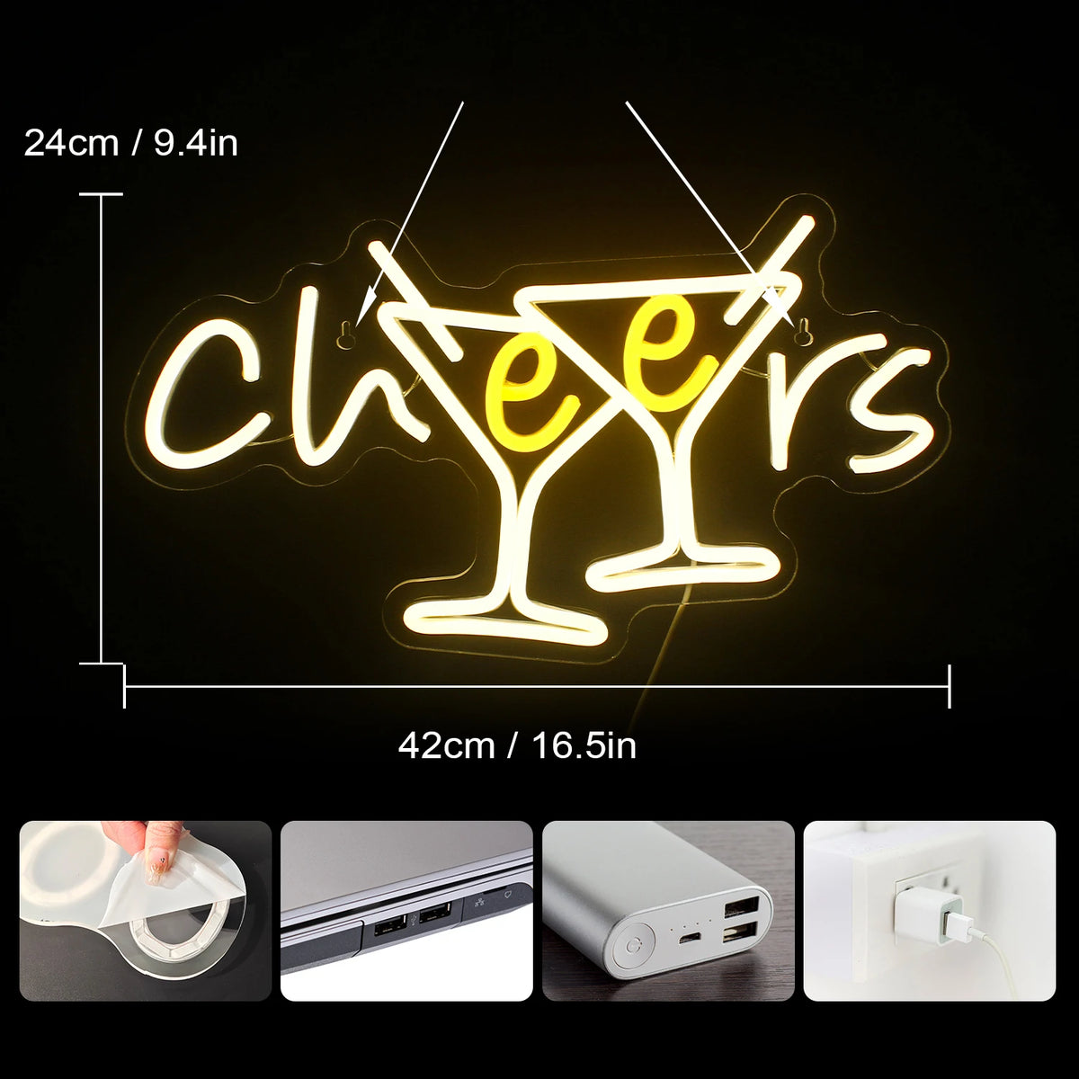 Cheers – Kippistävät cocktaillasit – LED-neonkyltti (5 V USB)