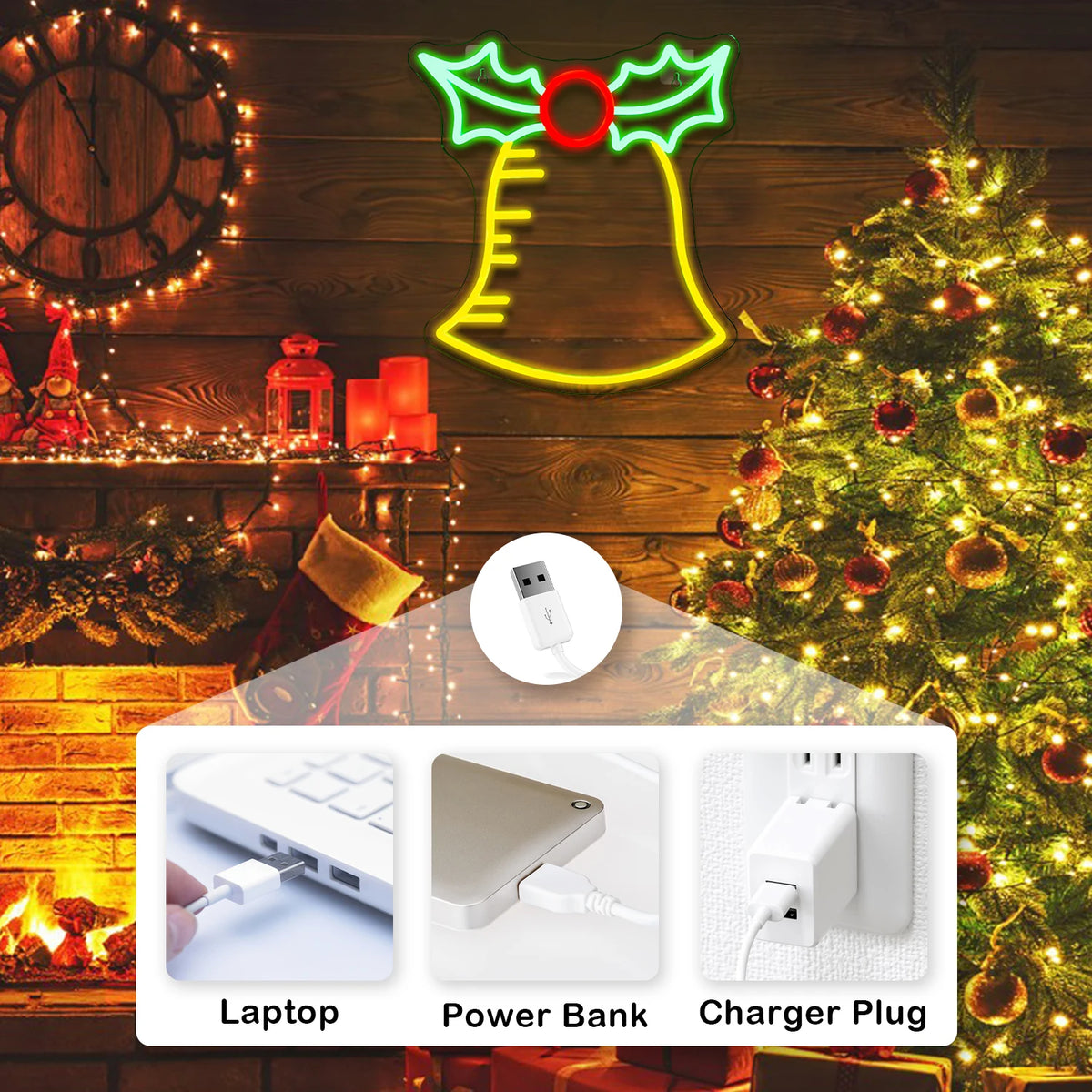 Joulukello – LED-neonkyltti (5 V USB)