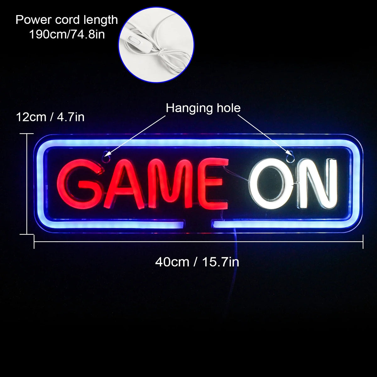 GAME ON – Rundad rektangulär ram – LED-neonskylt (5 V USB)