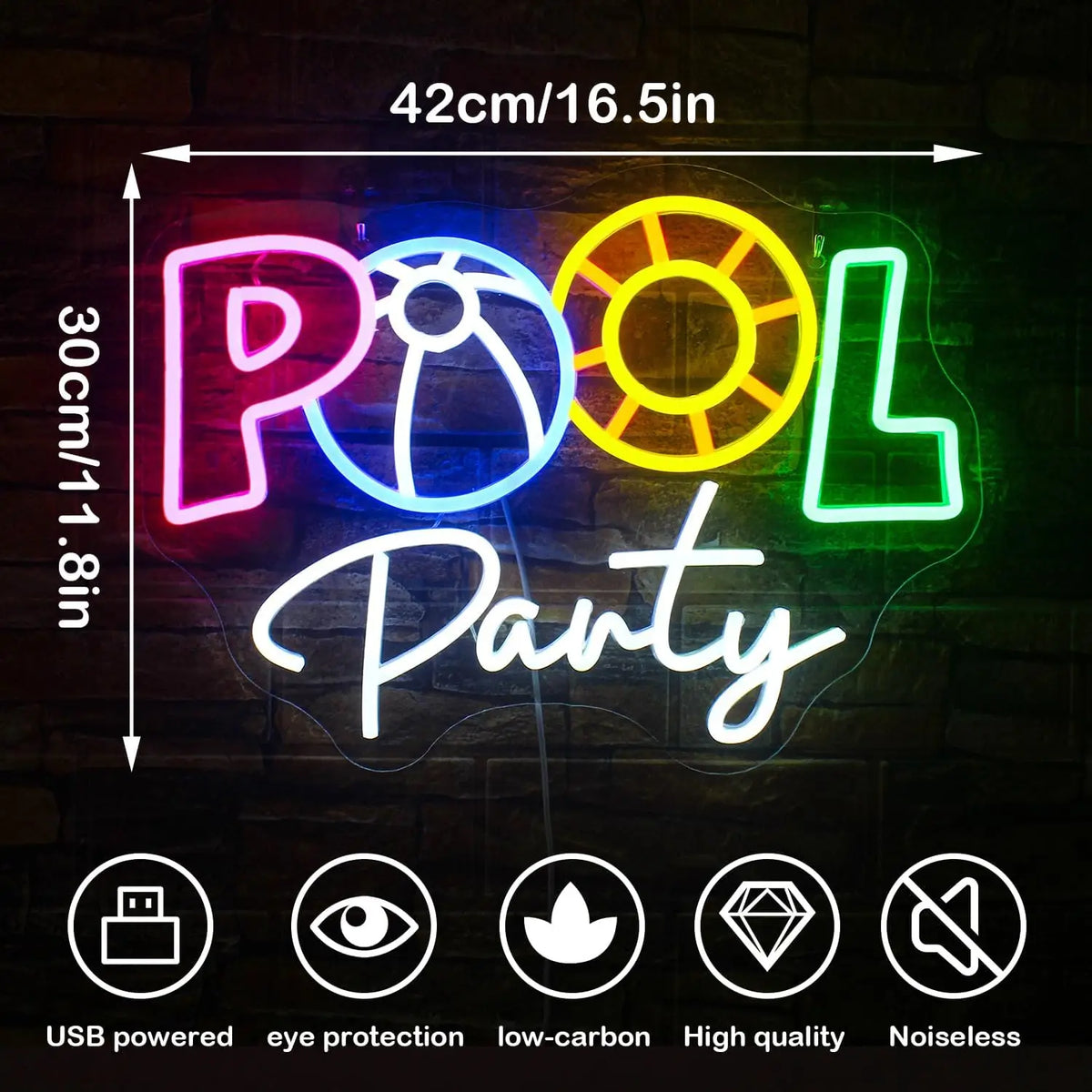 POOL Party – Rantapallo ja uimarengas – LED-neonkyltti (5 V USB)