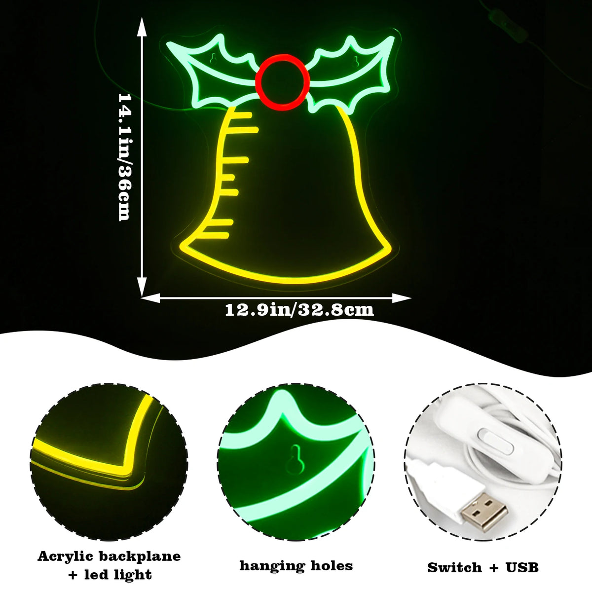 Joulukello – LED-neonkyltti (5 V USB)
