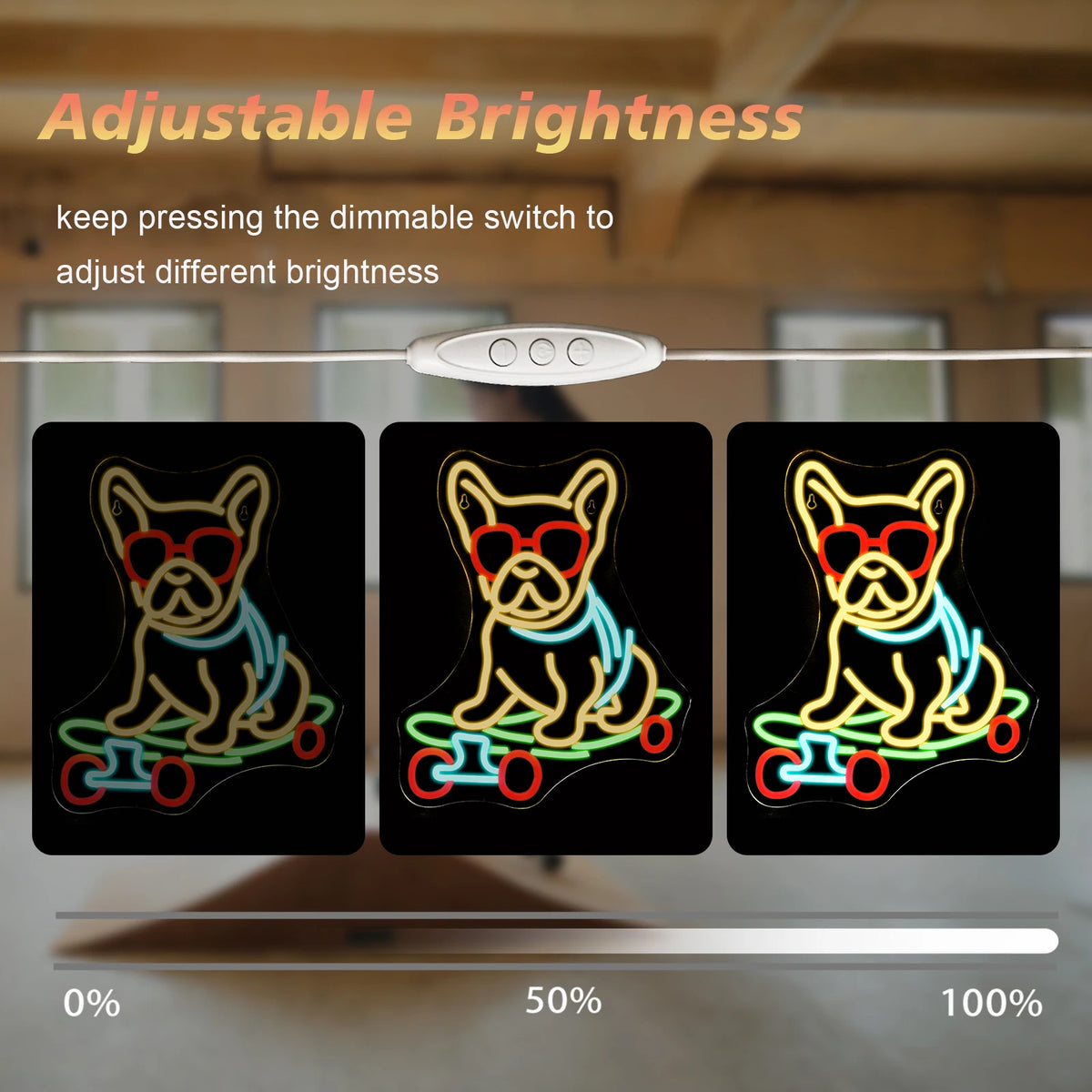 Rullalautaileva koira – LED-neonkyltti (5 V USB)