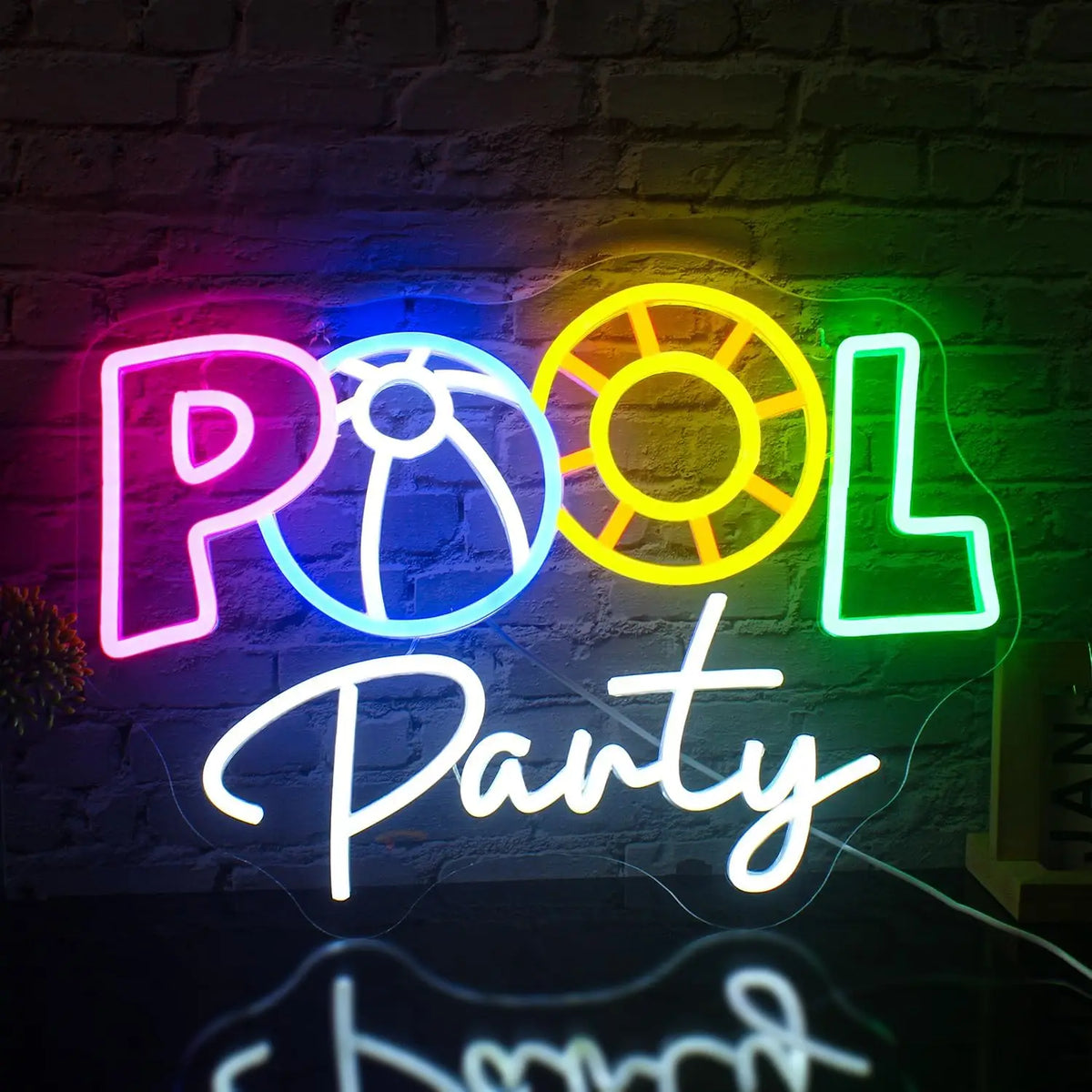 POOL Party – Rantapallo ja uimarengas – LED-neonkyltti (5 V USB)
