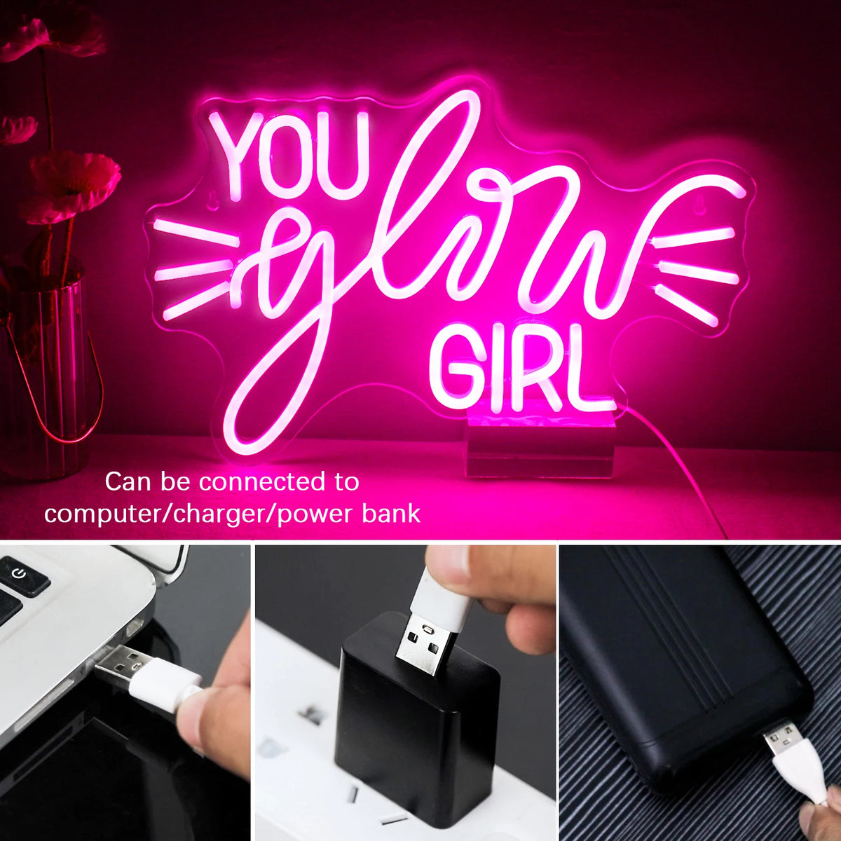 YOU glow GIRL – Valonsäteet – LED-neonkyltti (5 V USB)