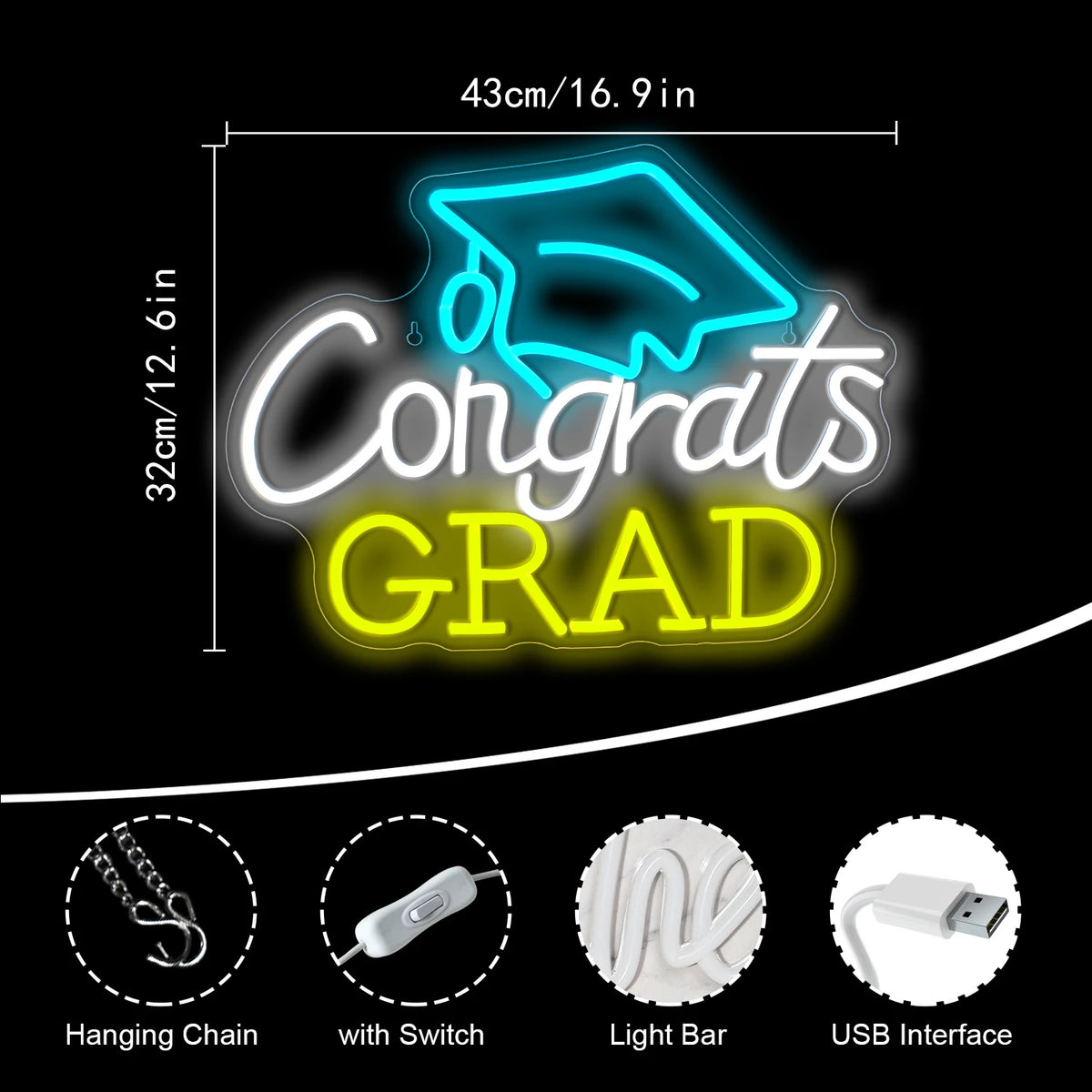 Congrats GRAD – Valmistujaislakki – LED-neonkyltti (5 V USB)