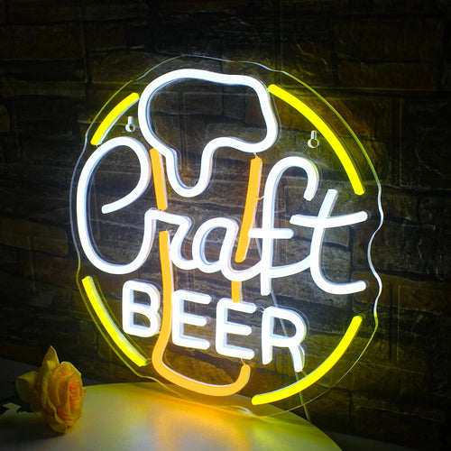 Craft BEER – Olutlasi ja pyöreä reunus – LED-neonvalomainos (5 V USB)