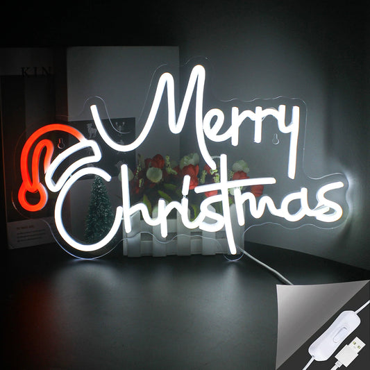 The image features a vibrant LED neon sign in the shape of a festive Christmas decoration.