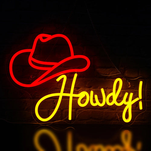Eloisa LED-neonkyltti cowboyhatun muodossa, jonka muotoiluun on integroitu tyylikkäästi sana "Howdy".