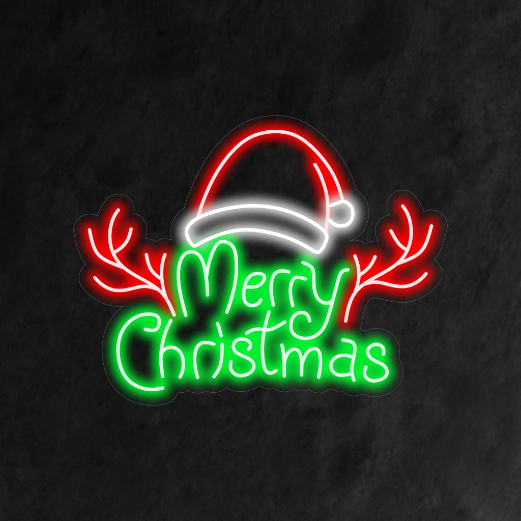 "Santa Hat Merry Christmas Neon Sign" on juhlava ja iloinen lisä loma-aiheiseen sisustukseen. Joulutunnelmaa levittävä neonvalo joulupukin hatun kanssa.