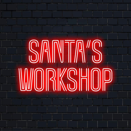 Joulupukin työpaja hehkuva LED-sisustus; kirkas mittatilaustyönä suunniteltu neonvalo, joka sopii täydellisesti juhlavaan lomajuhliin.