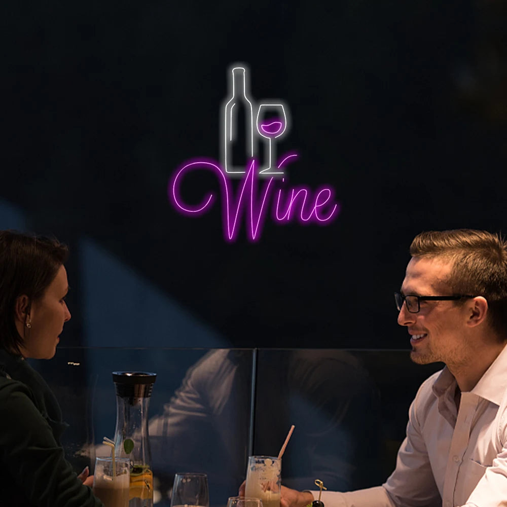 Wine – Viinipullo ja lasi, punaviiniaihe – LED-neonvalomainos (5 V USB)