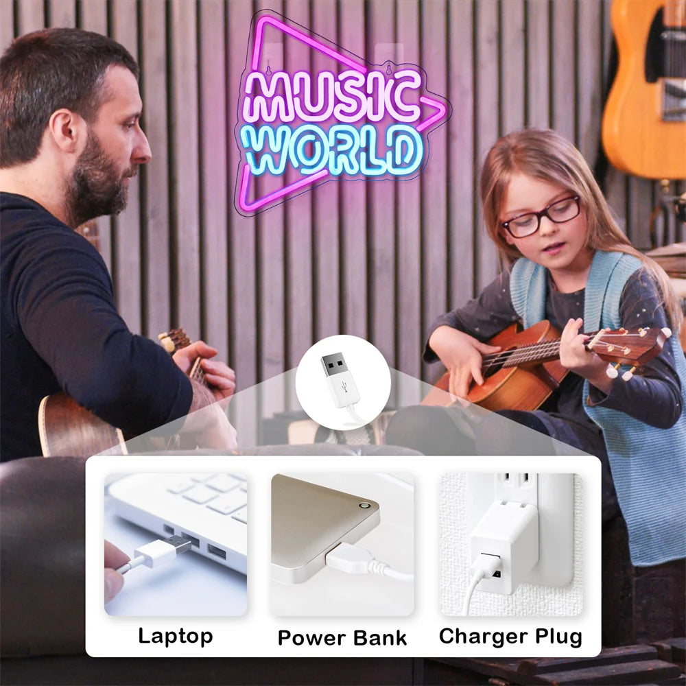 MUSIC WORLD – Kolmio – LED-neonkyltti (5 V USB)