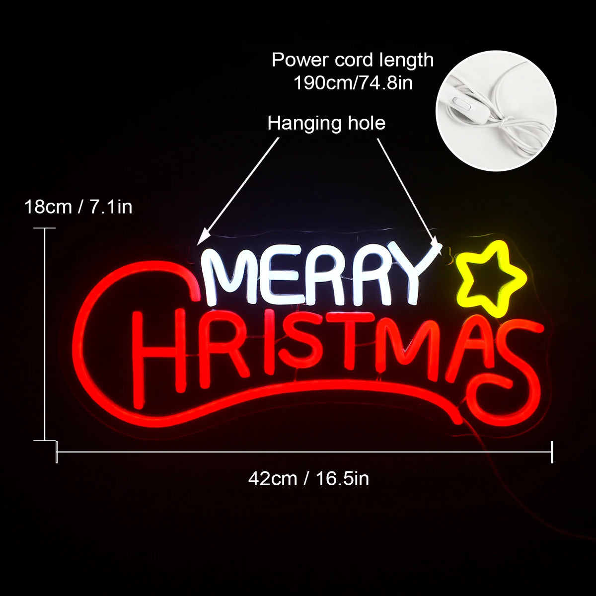 Merry Christmas – Tähti – LED-neonkyltti (5 V USB)