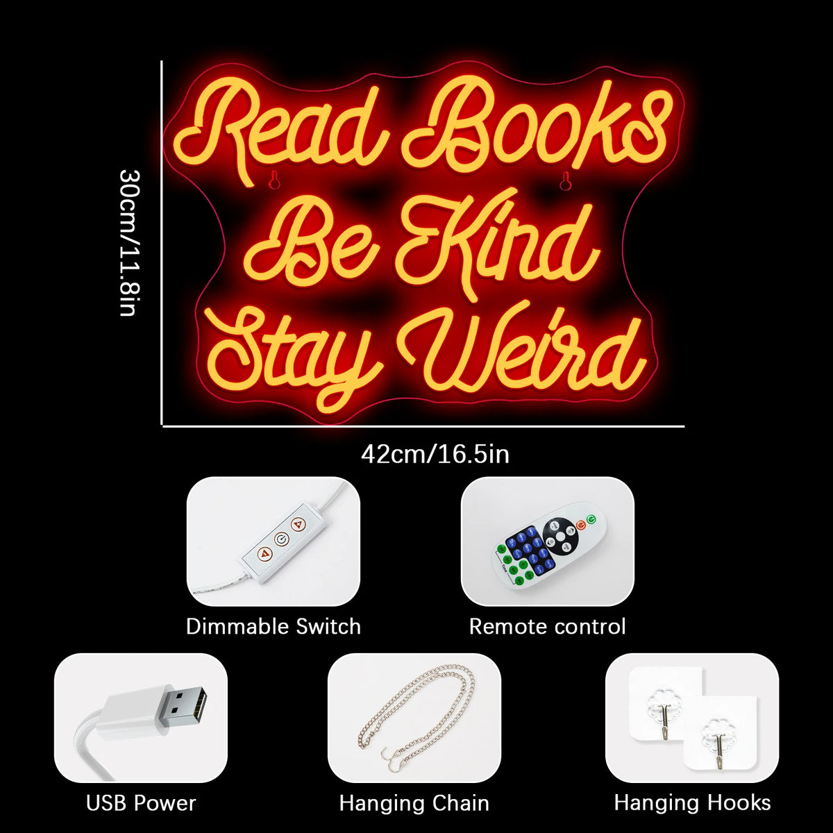 Read Books Be Kind Stay Weird – LED-neonkyltti (5 V USB)
