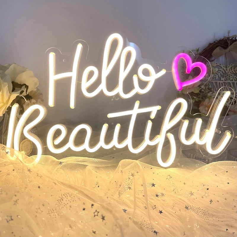 Hello Beautiful – Sydän – LED-neonvalomainos (5 V USB)
