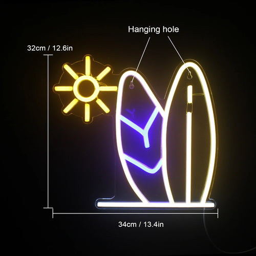 Aurinko ja surffilauta – LED-neonkyltti (5 V USB)