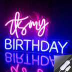 Kuvassa on eloisa, käsintehty LED-valokyltti, jossa lukee "My Birthday" eleganteilla ja kursiivisilla kirjaimilla.