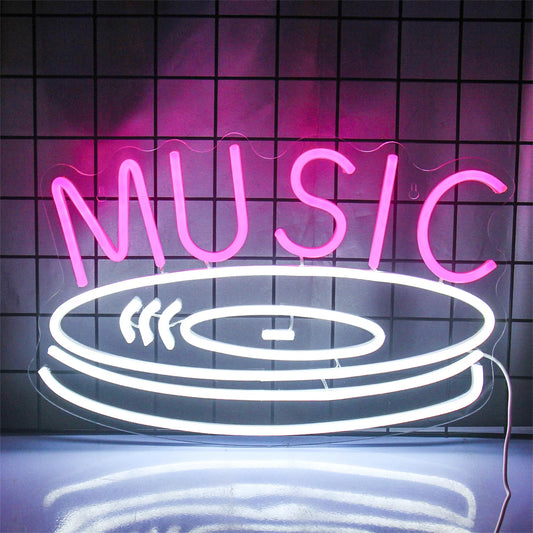 Image features a vibrant LED neon sign in the shape of a musical record.