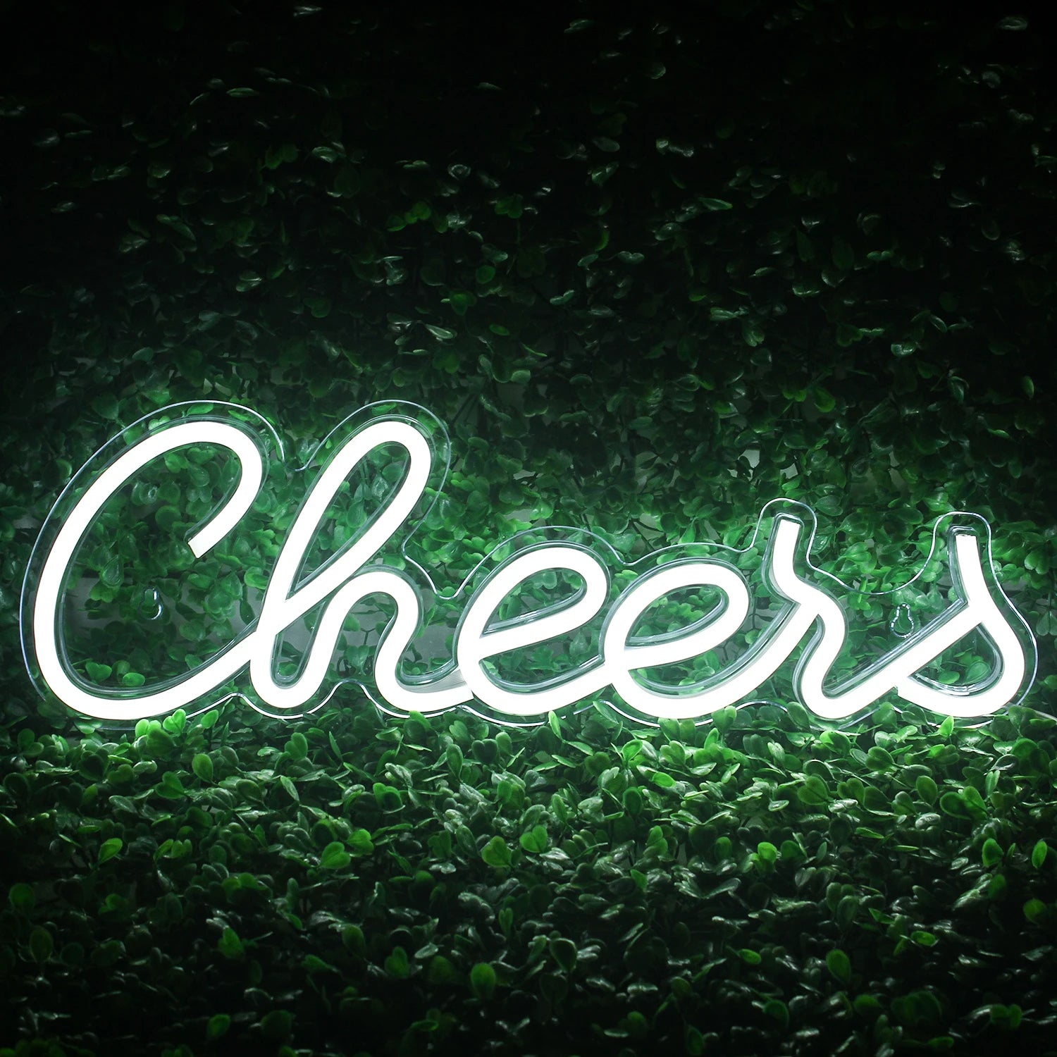 A vibrant LED neon sign spells out the word "Cheers" in a playful cursive font.