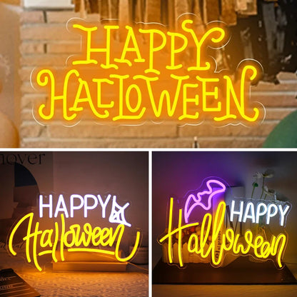 Eloisa "Happy Halloween" -LED-neonkyltti valaisee tummaa taustaa vasten.