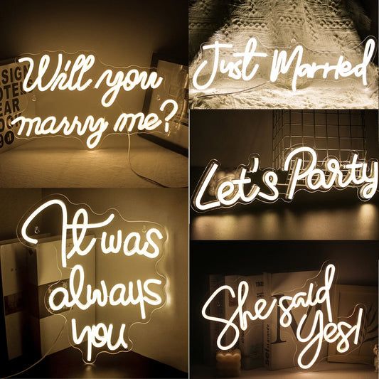 "A stylish LED neon sign displaying the words 'Will You Marry Me' in elegant, glowing script.