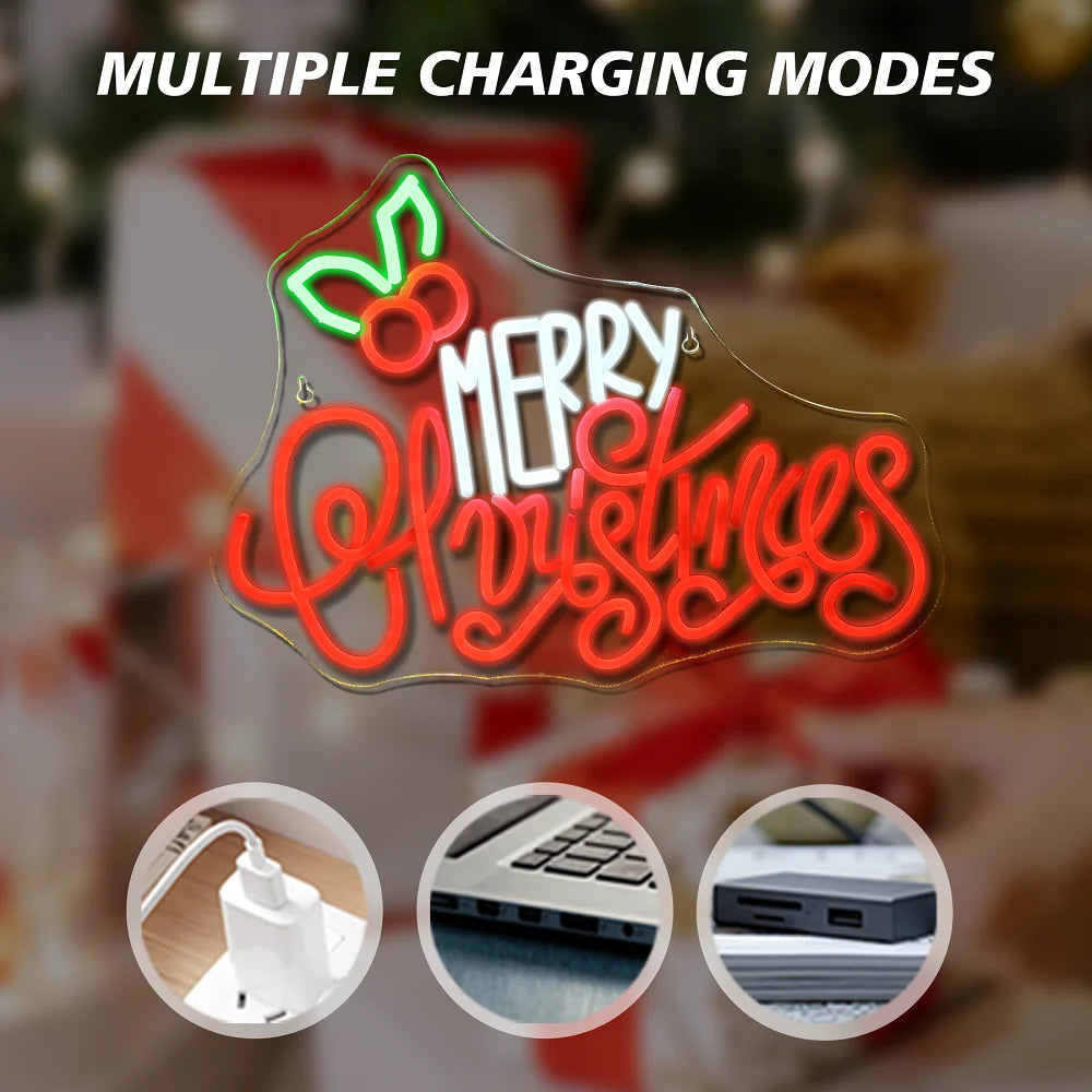 Merry Christmas – Jouluiset lehdet yläpuolella – LED-neonkyltti (5 V USB)