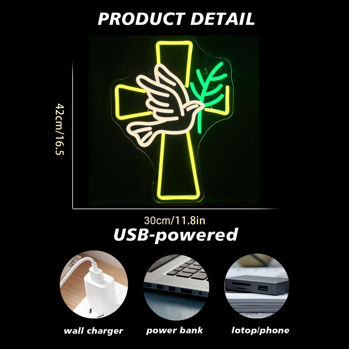Risti ja rauhankyyhky – LED-neonkyltti (5 V USB)