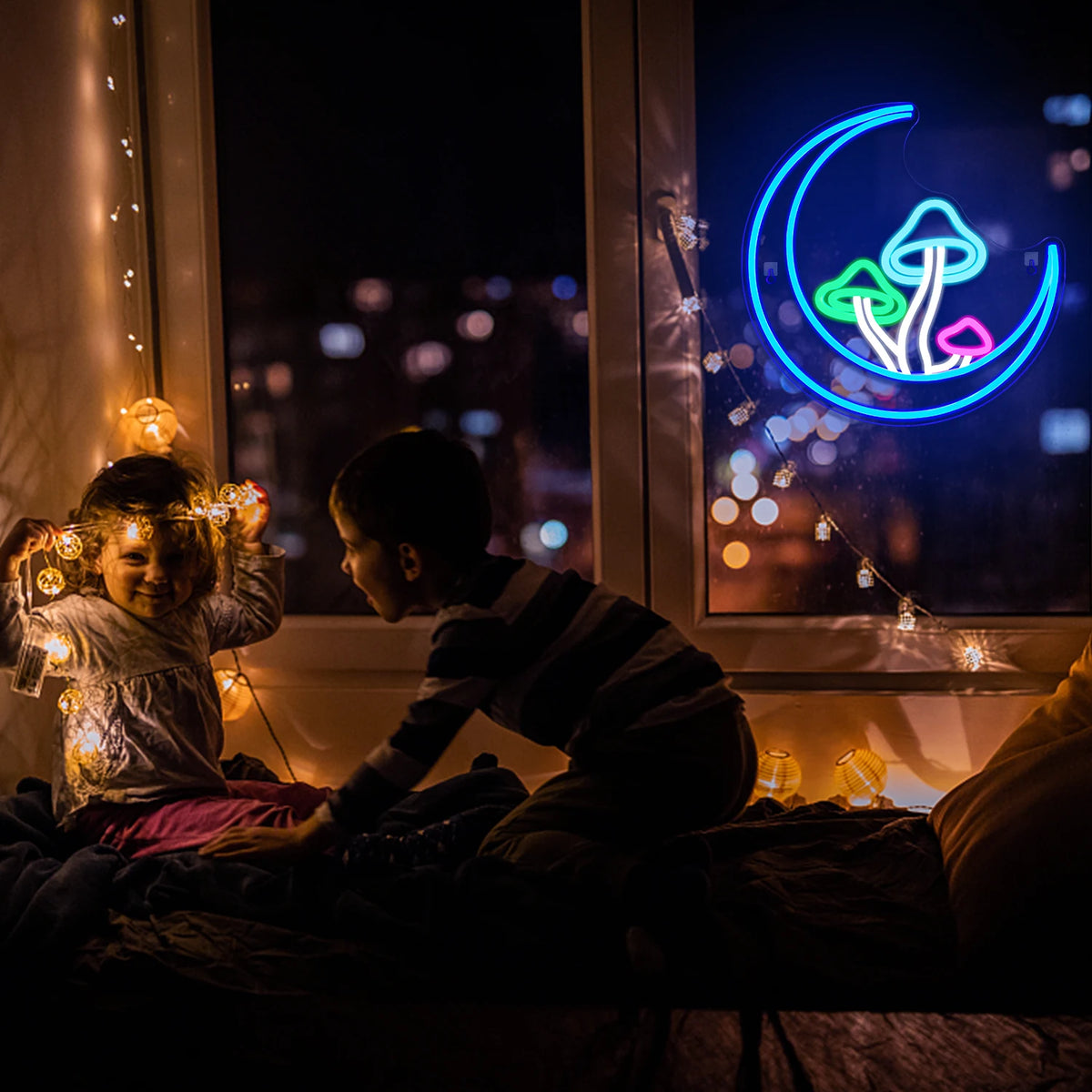 Kuu ja sieni – LED-neonkyltti (5 V USB)
