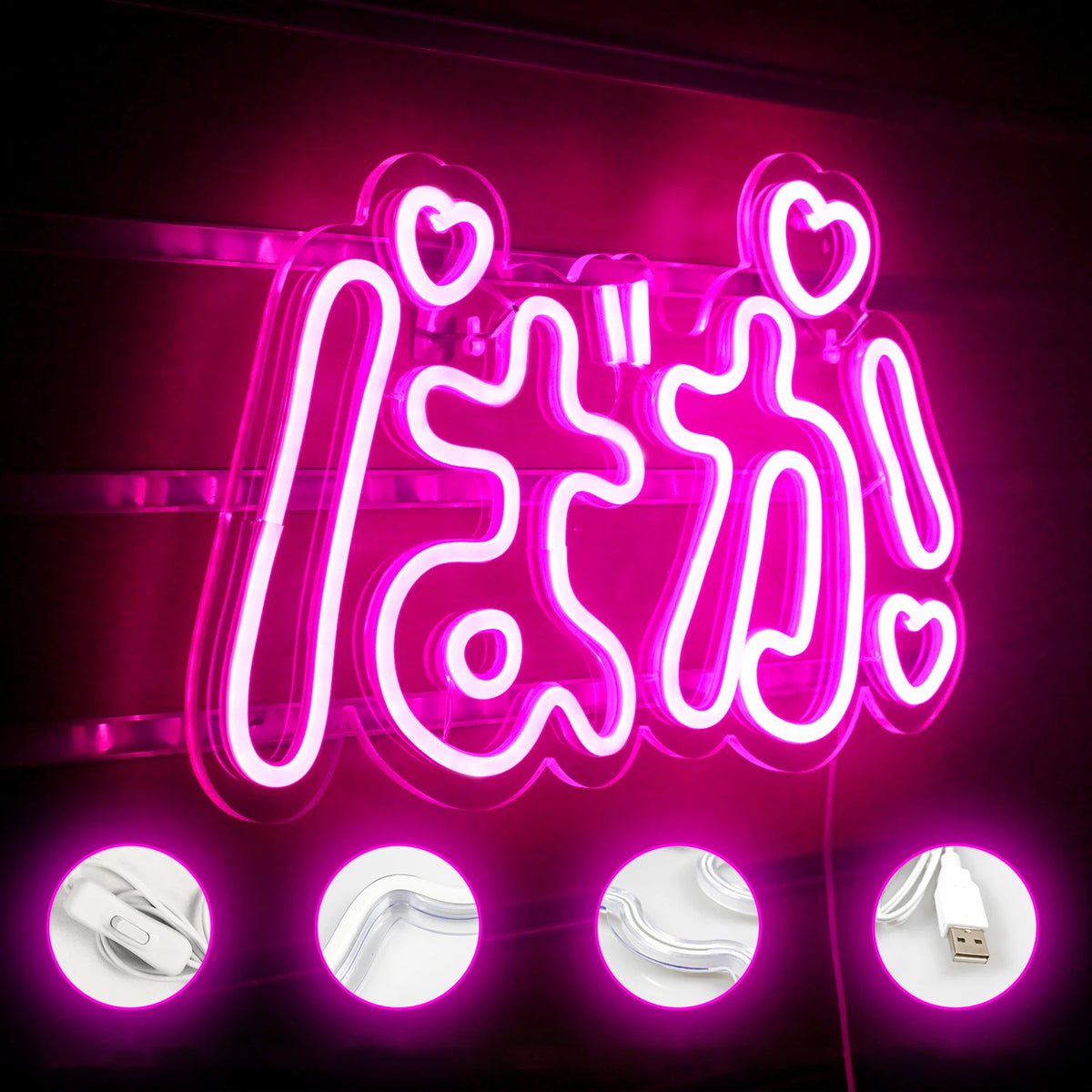 Baka (ばか) – Japanilaiset anime-kirjaimet ja sydämet – LED-neonkyltti (5 V USB)
