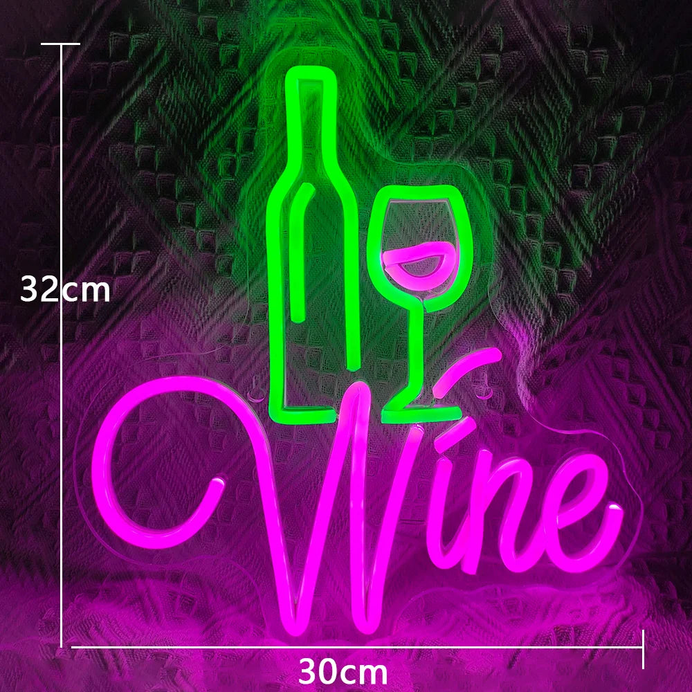Wine – Viinipullo ja lasi, punaviiniaihe – LED-neonvalomainos (5 V USB)