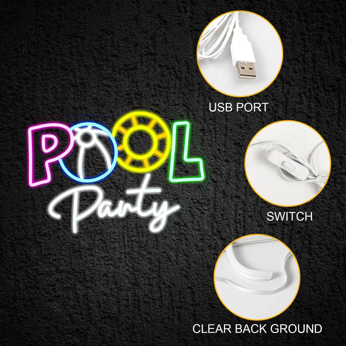 POOL Party – Rantapallo ja uimarengas – LED-neonkyltti (5 V USB)