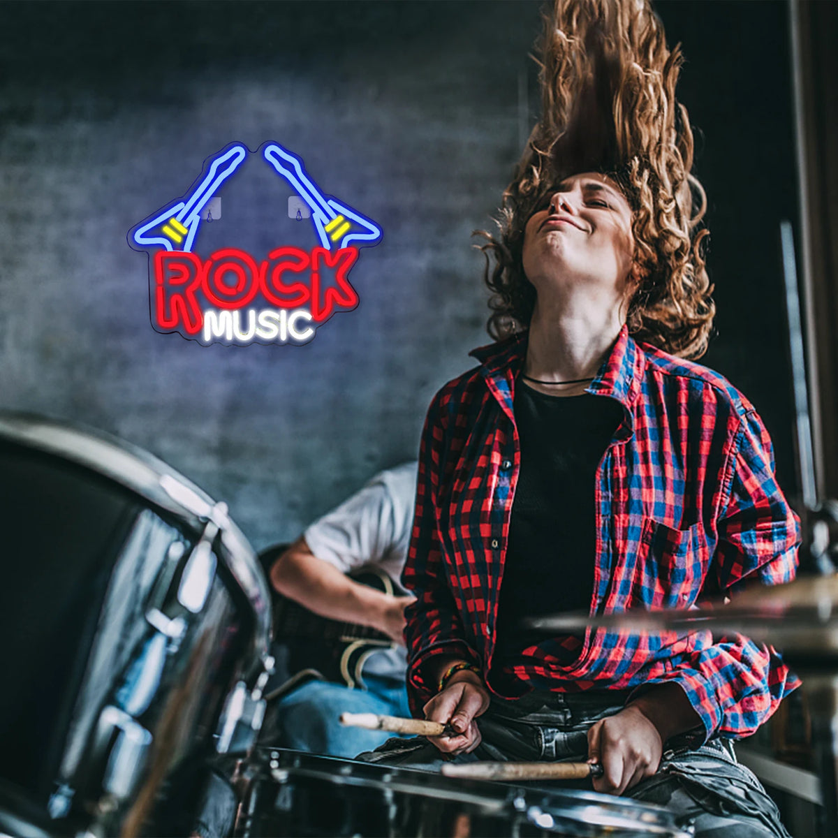 ROCK MUSIC – Kaksi sähkökitaraa – LED-neonkyltti (5 V USB)