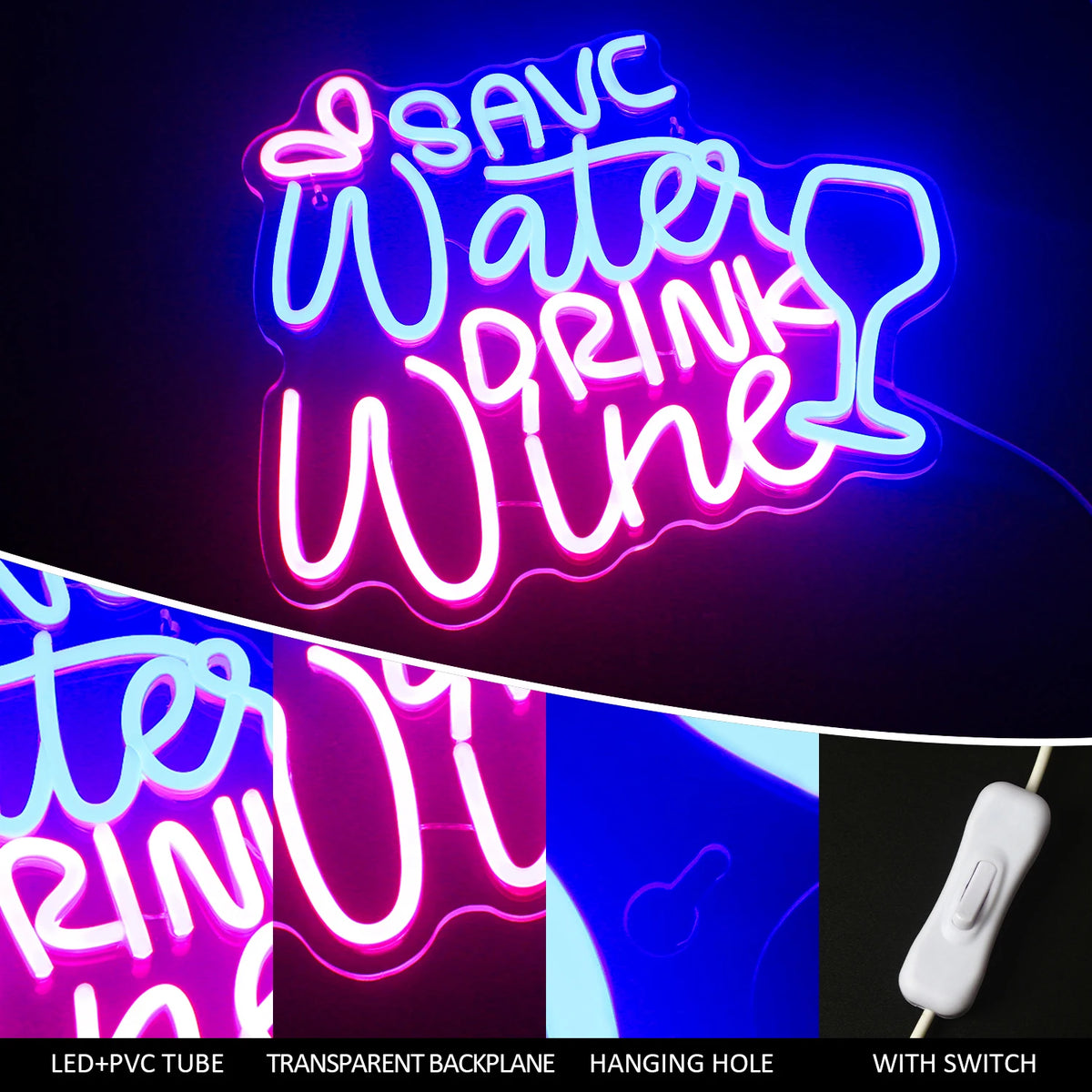 SAVE Water DRINK Wine – Viinilasi ja pisarat – LED-neonvalomainos (5 V USB)