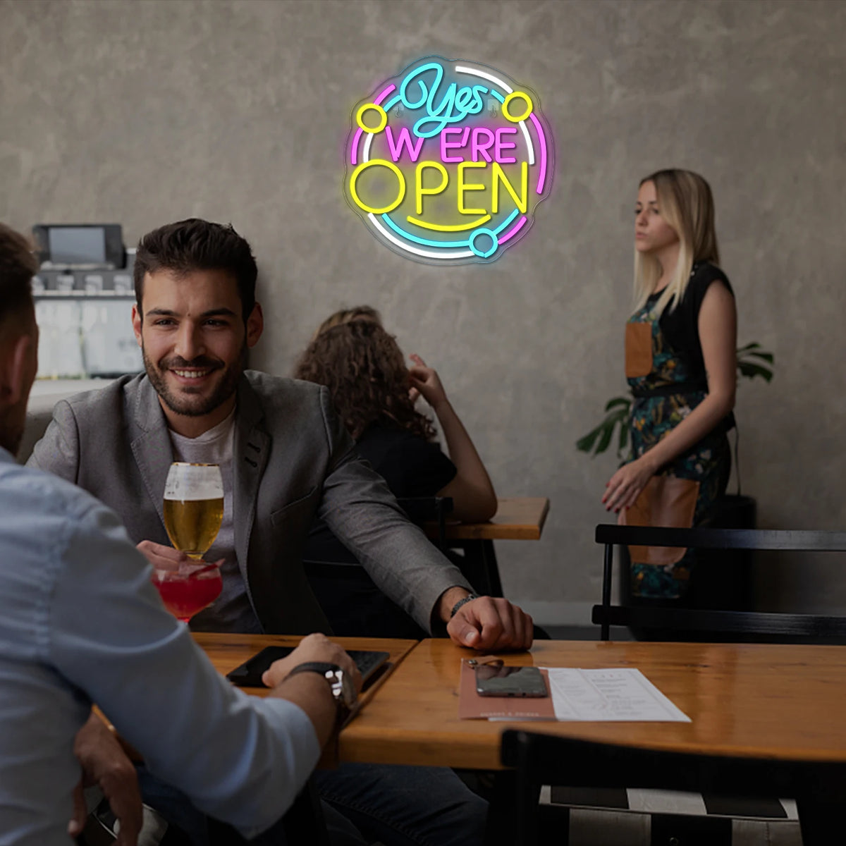 Yes We're Open – Pyöreä kehys – LED-neonvalomainos (5 V USB)