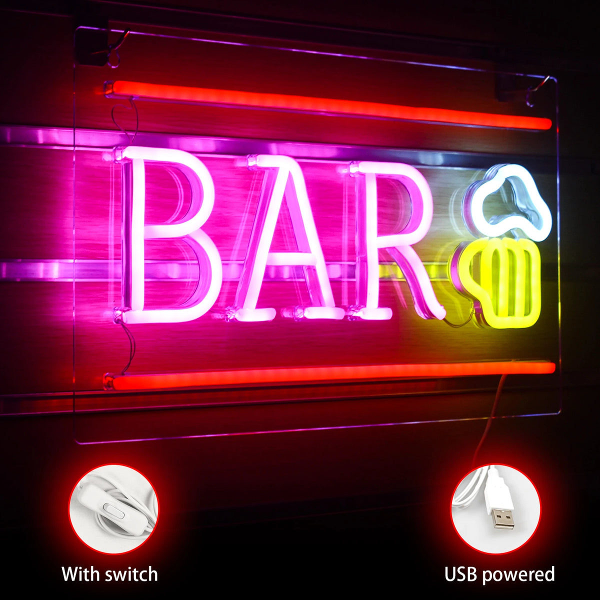 BAR – Oluttuoppi ja vaakasuora reunus – LED-neonvalomainos (5 V USB)
