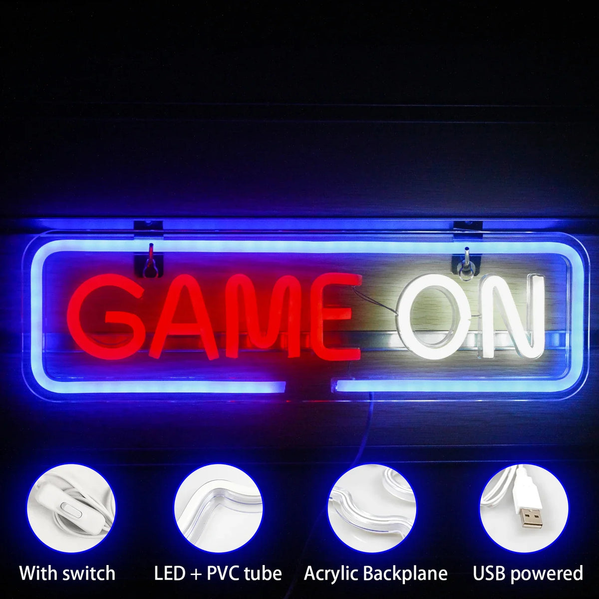 GAME ON – Rundad rektangulär ram – LED-neonskylt (5 V USB)