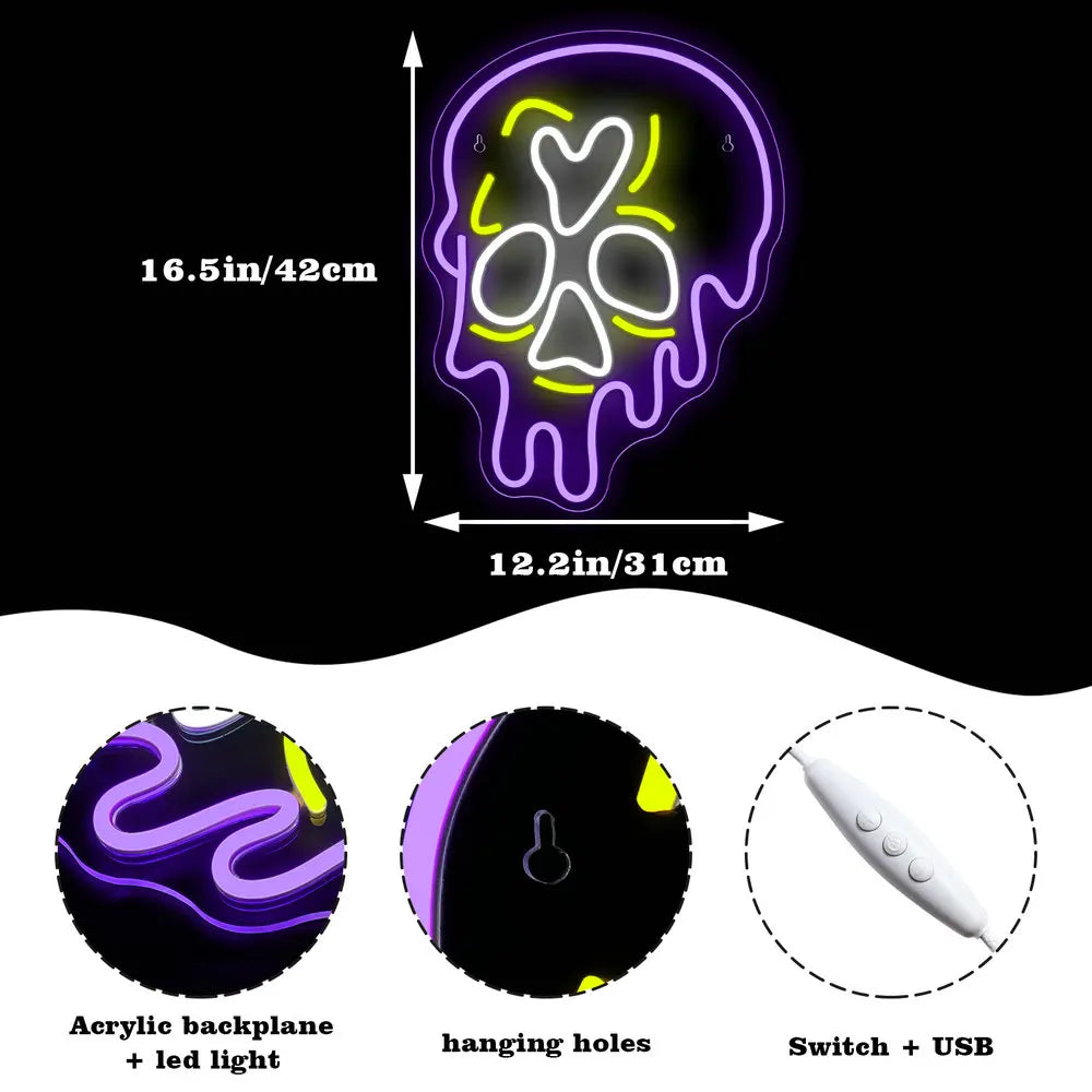 Violetti valuva pääkallo – LED-neonkyltti (5 V USB)
