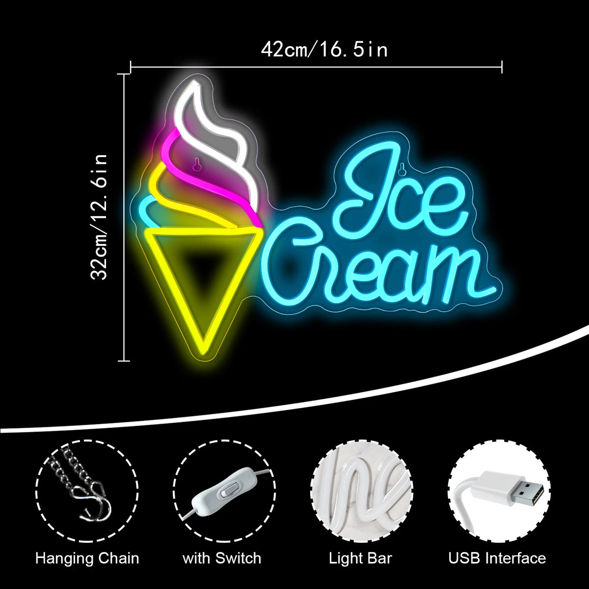 Ice Cream – Jäätelötötterö sivulla – LED-neonvalomainos (5 V USB)