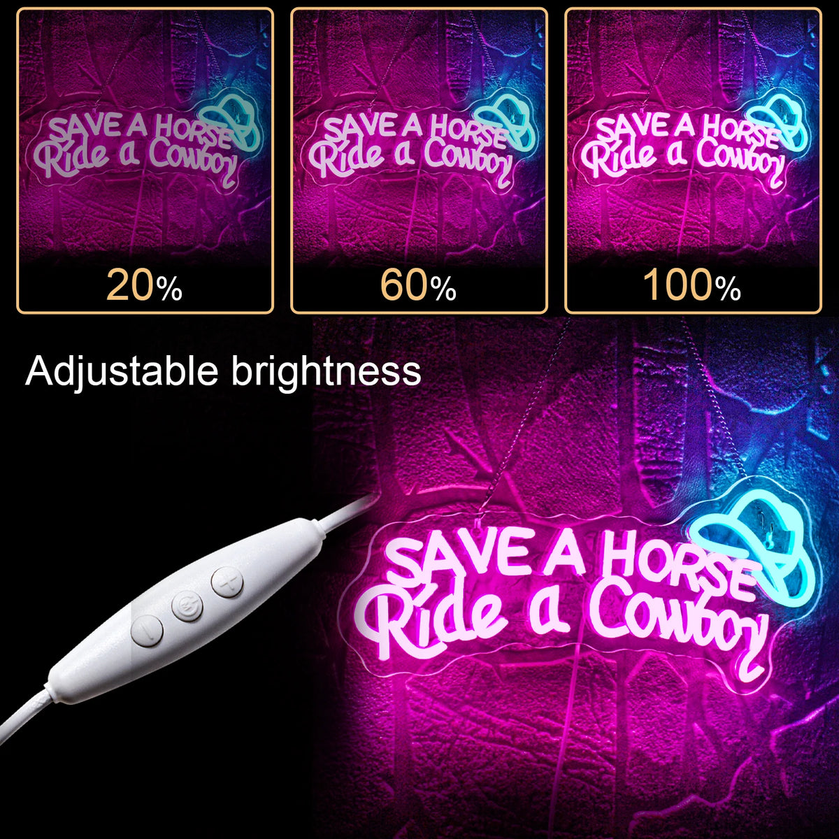 SAVE A HORSE Ride a Cowboy – Cowboyhattu – LED-neonkyltti (5 V USB)