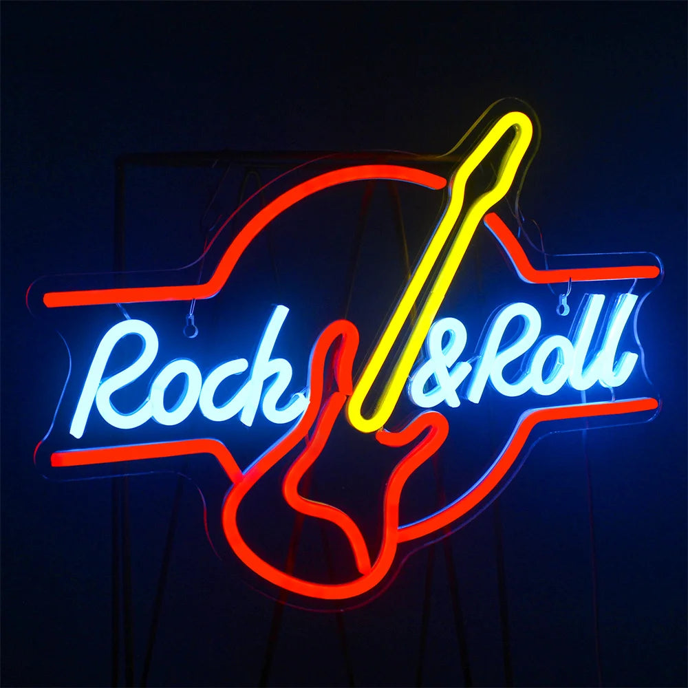 Rock & Roll – Kitara – LED-neonkyltti (5 V USB)