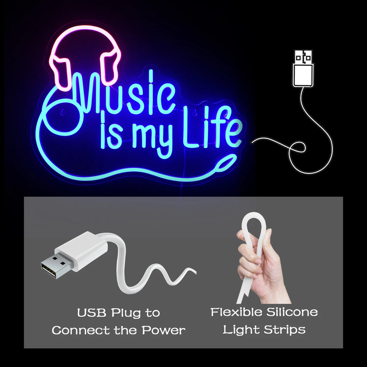 Music is my Life – Kuulokkeet – LED-neonkyltti (5 V USB)