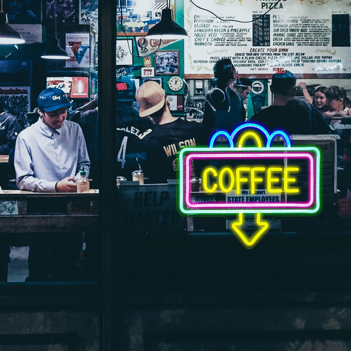 COFFEE – Suorakaidekehys ja alaspäin osoittava nuoli – LED-neonvalomainos (5 V USB)