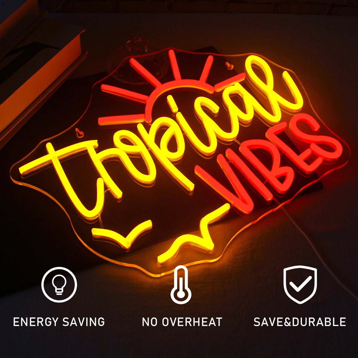 Tropical VIBES – Aurinko ja linnut – LED-neonkyltti (5 V USB)